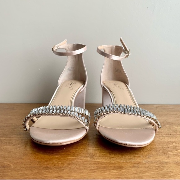 Jewel BADGLEY MISCHKA Joanne Ankle Strappy Block Low Heel Satin Open Toe - Picture 4 of 16